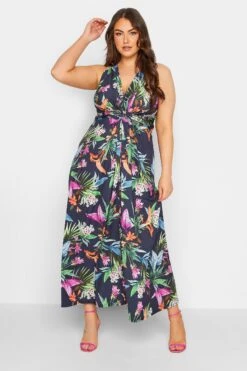 YOURS LONDON - Mouwloze Maxi-jurk Met Tropische Print & Knoopdetail In Donkerblauw