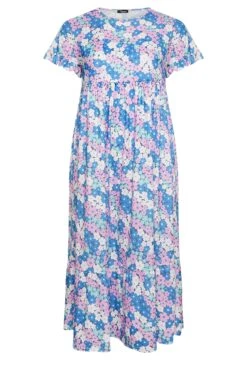 LIMITED COLLECTION - Maxi-jurk Met Bloemmotief & Korte Ruchemouwen In Blauw/roze -NAOMI Kleding Winkel eb4fcce9 40c9 42 215603 X