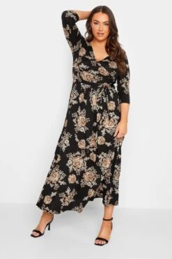 Maxi-jurk Met Bloemenprint & V-hals In Beige En Zwart