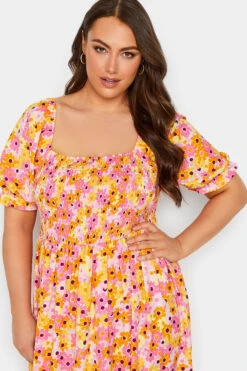 YOURS - Midi-jurk Met Bloemmotief, Pofmouwen & Smokwerk In Geel/roze -NAOMI Kleding Winkel f9a785f8 bb39 49 137321 D