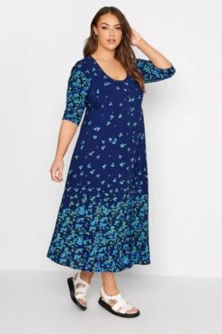 LIMITED COLLECTION - Midaxi-jurk Met Bloemetjes & Knopen In Donkerblauw